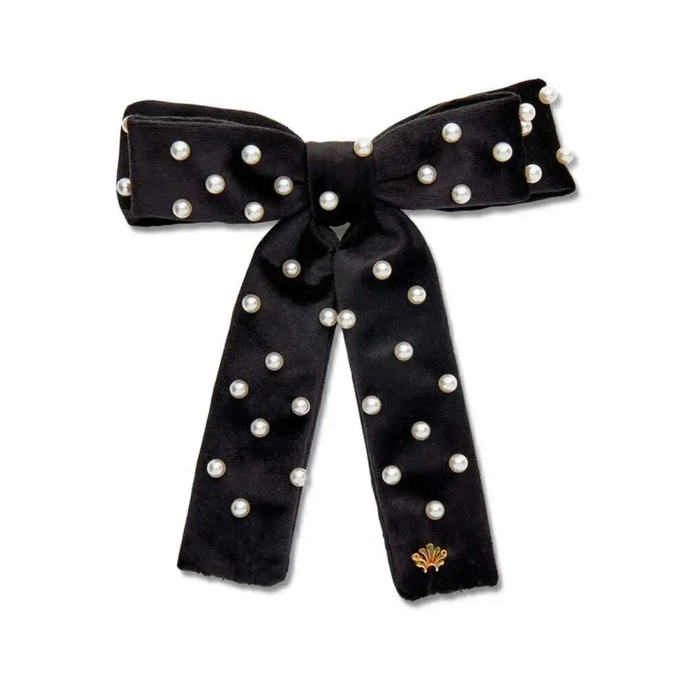 Lele Sadoughi Pearl Velvet Bow Barrette Black NWT
